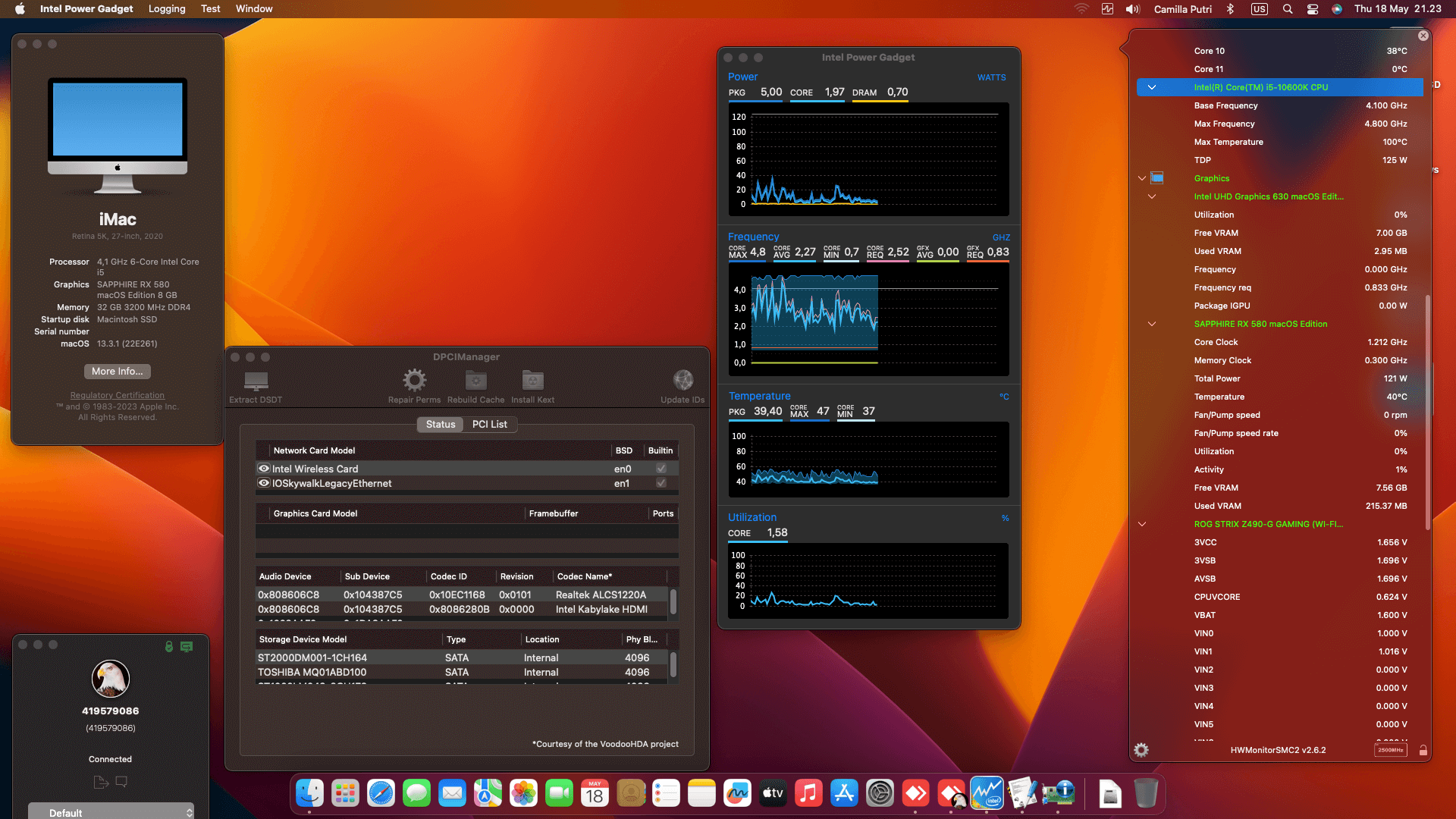 Success Hackintosh macOS Monterey 13.3.1 Build 22E261 in Asus ROG Strix Z490-G Gaming (Wifi) + Intel Core i5 10600K + Sapphire RX 580